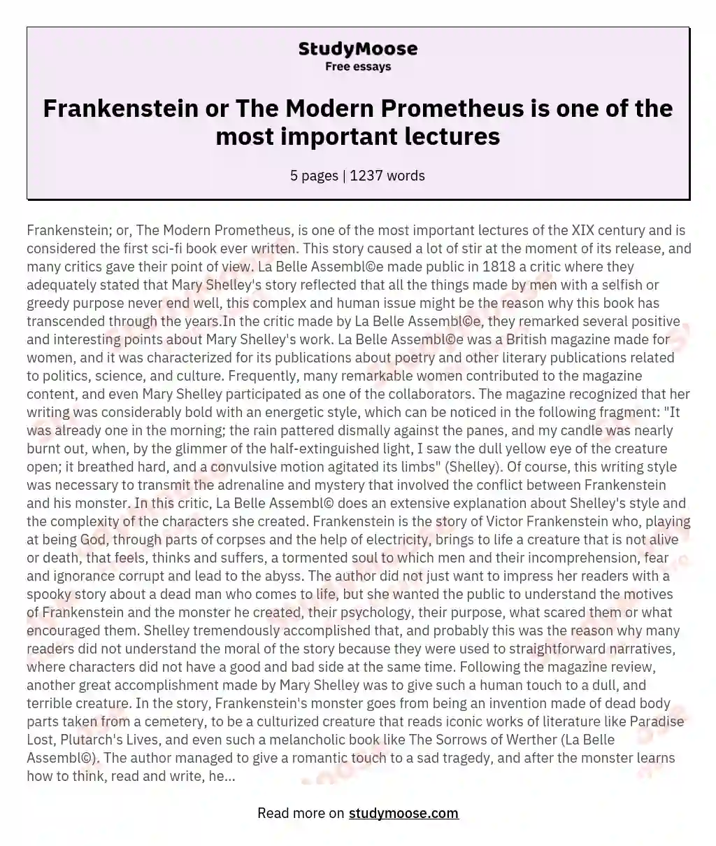 Frankenstein or The Modern Prometheus is one of the most important lectures essay