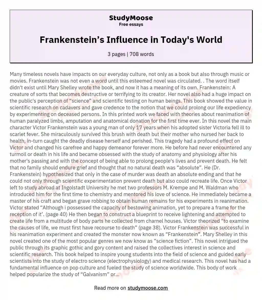 Frankenstein’s Influence in Today's World essay