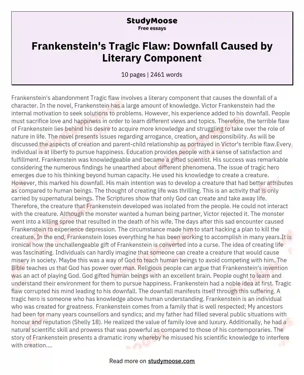 Frankenstein's Tragic Flaw: Downfall Caused by Literary Component