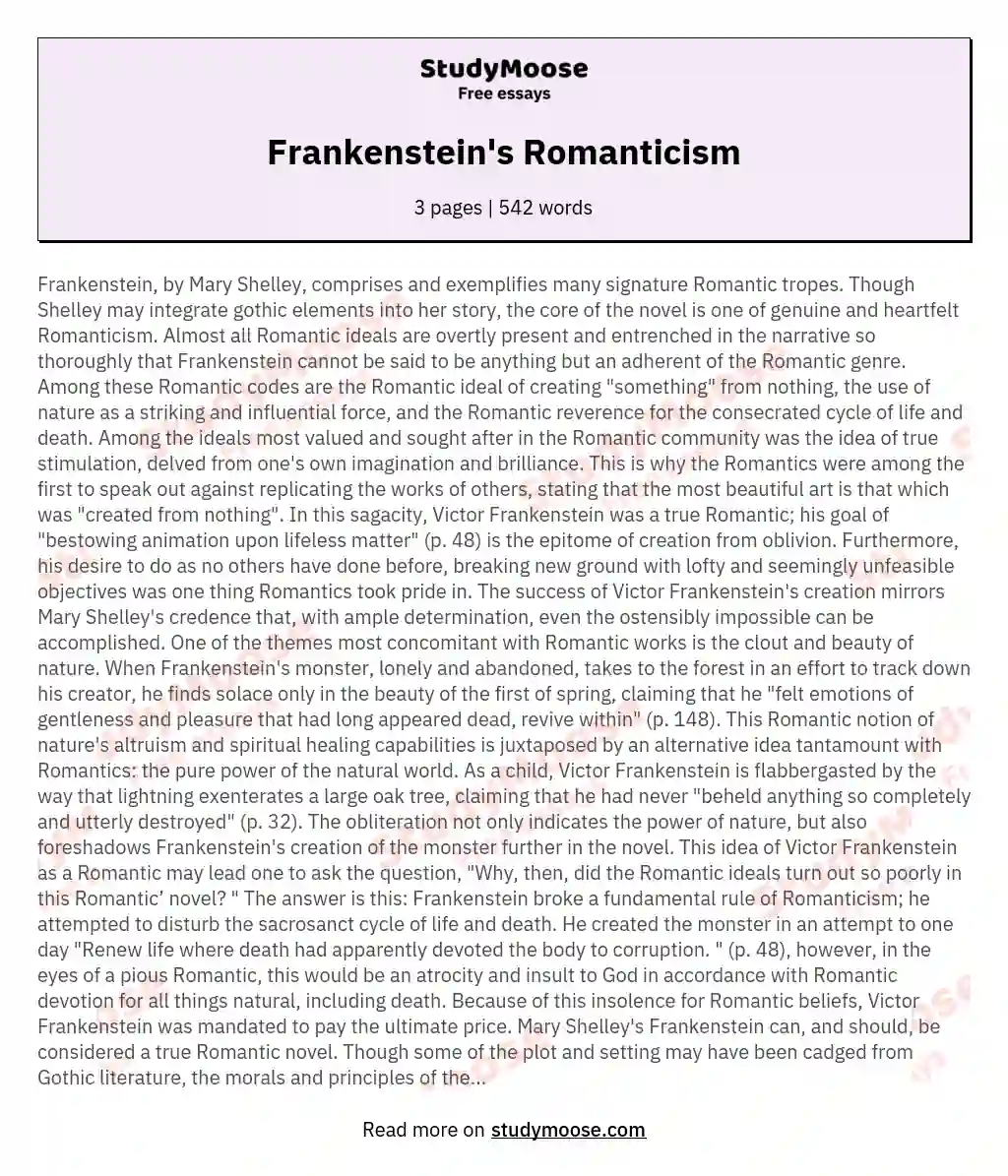 Frankenstein's Romanticism essay