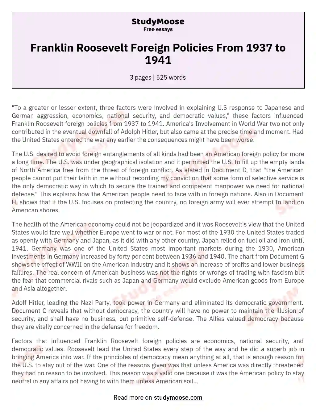 Franklin Roosevelt Foreign Policies From 1937 to 1941 essay