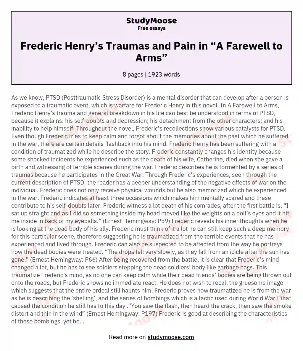 Frederic Henry’s Traumas and Pain in “A Farewell to Arms”