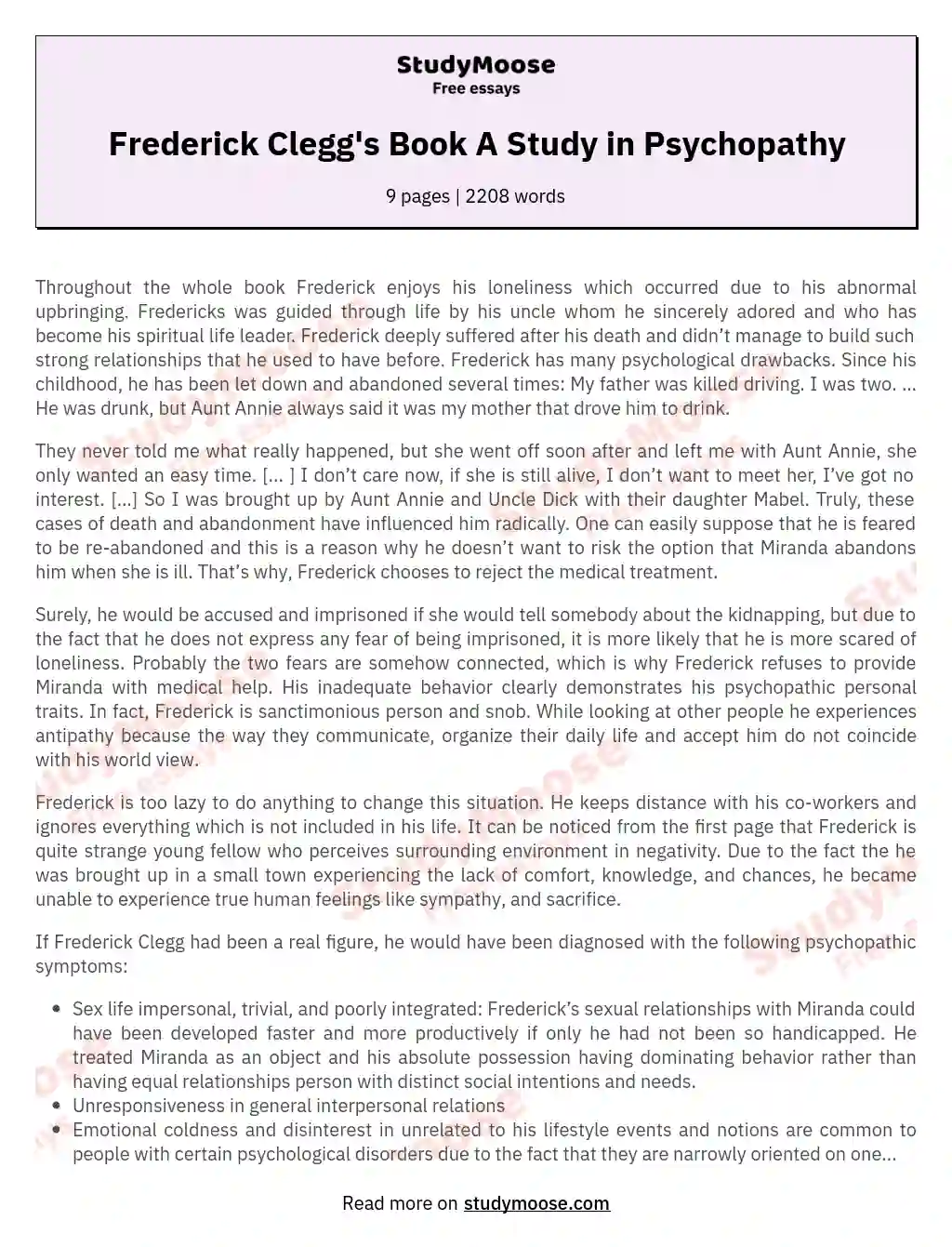 Frederick Clegg's Book A Study in Psychopathy essay