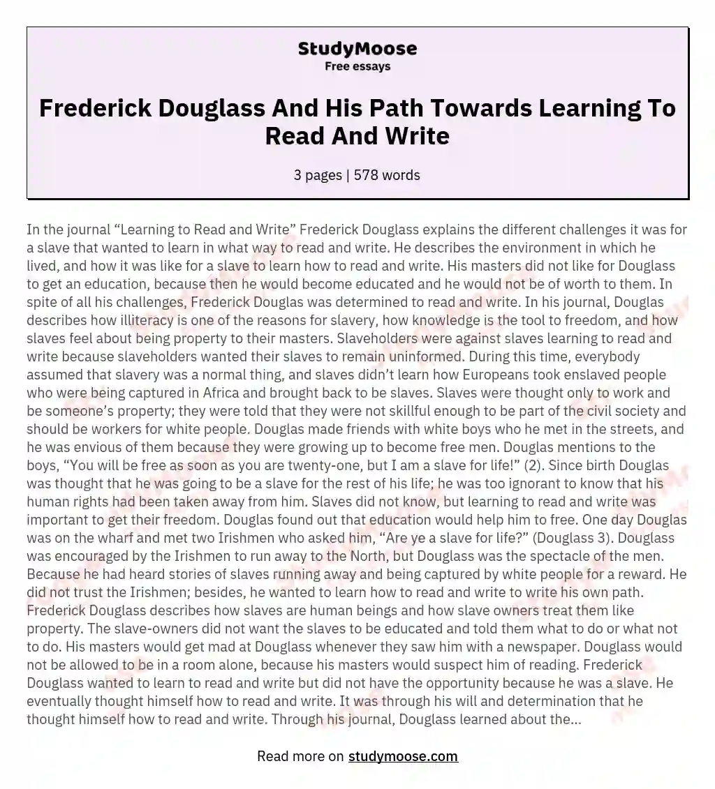 Frederick Douglass And His Path Towards Learning To Read And Write