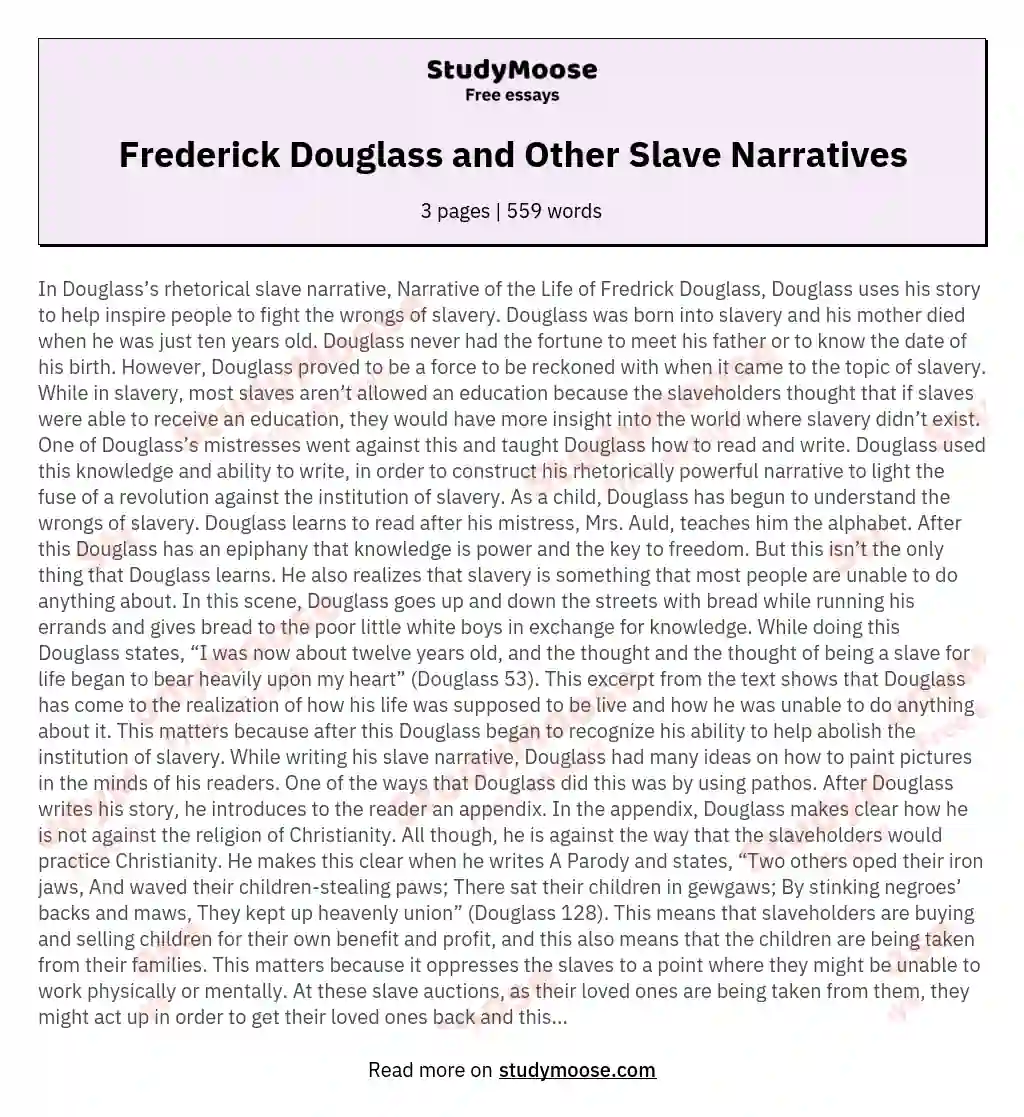 Frederick Douglass and Other Slave Narratives essay