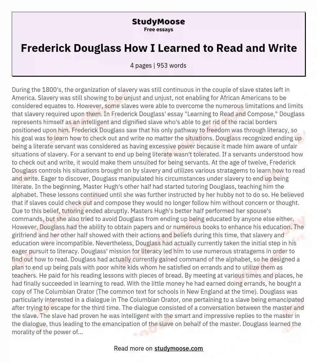 Frederick Douglass How I Learned to Read and Write essay