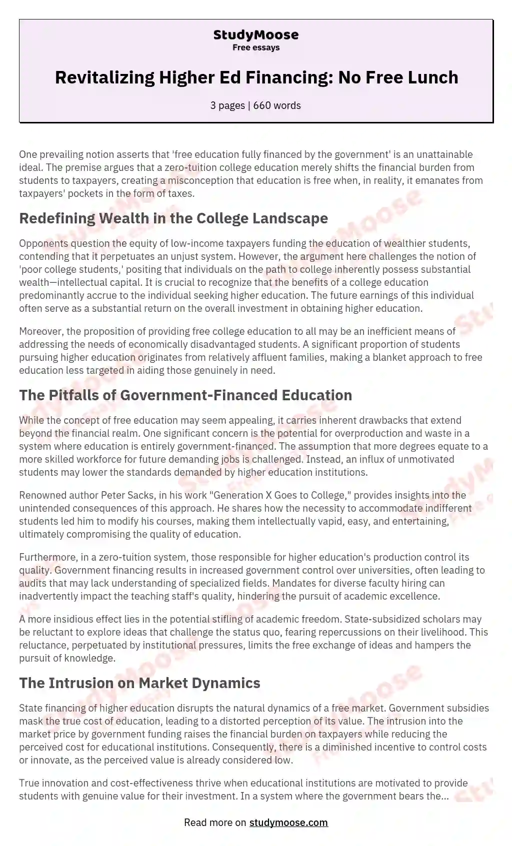 Revitalizing Higher Ed Financing: No Free Lunch essay