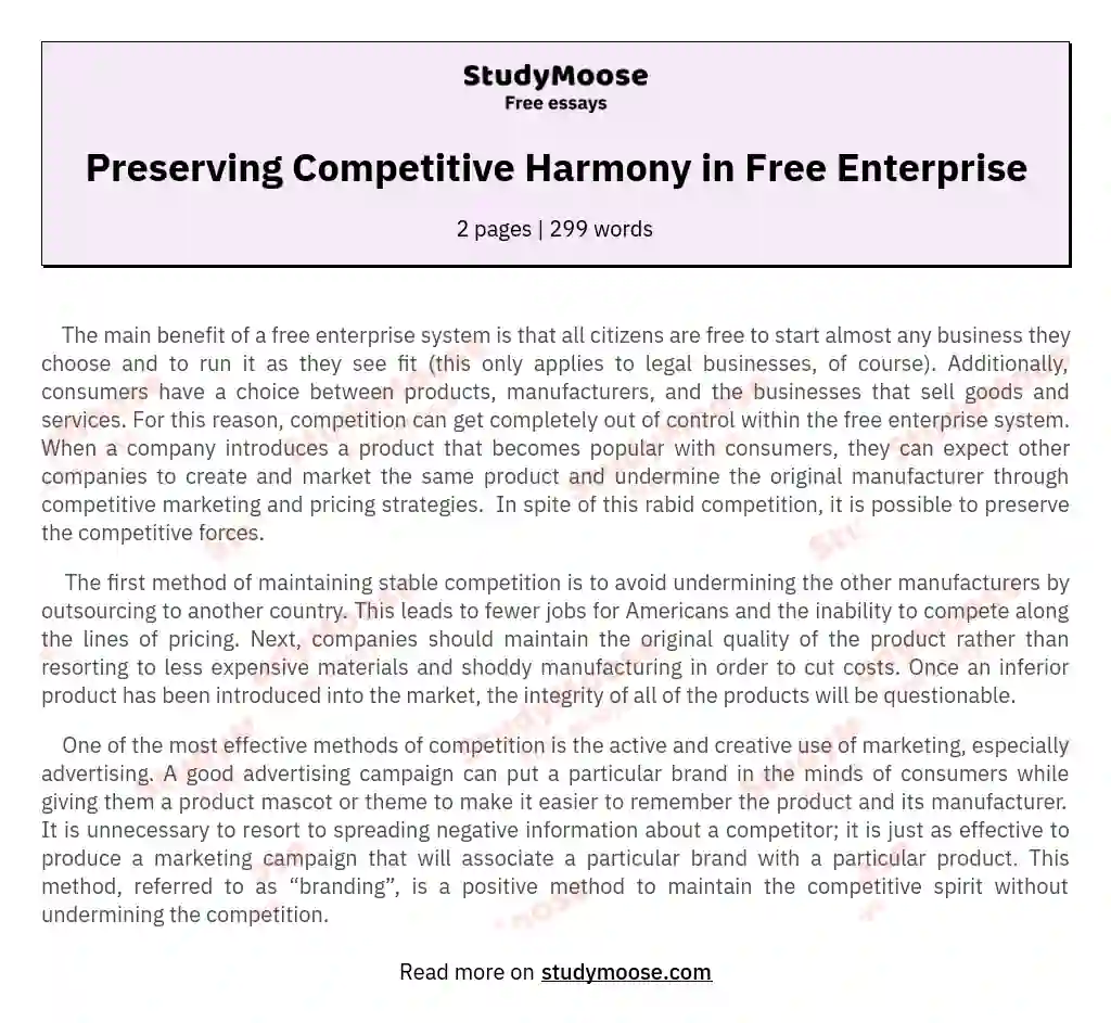 Preserving Competitive Harmony in Free Enterprise essay