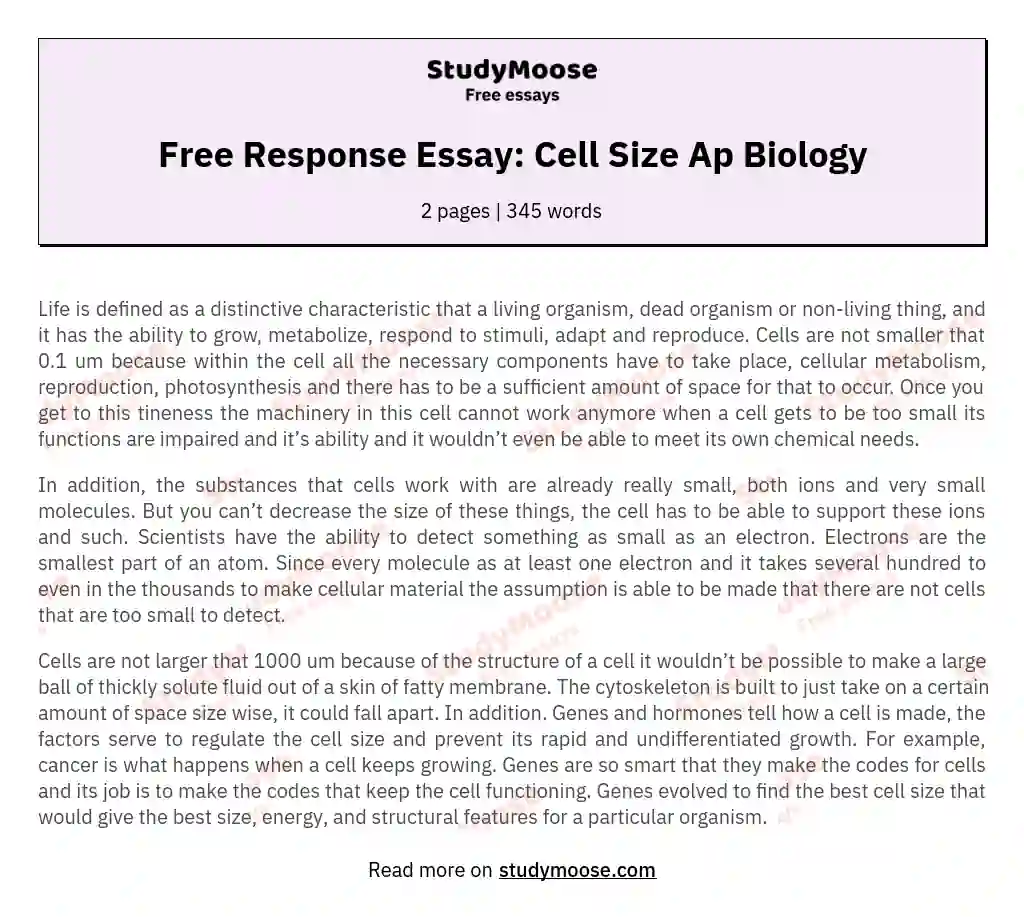 Free Response Essay: Cell Size Ap Biology