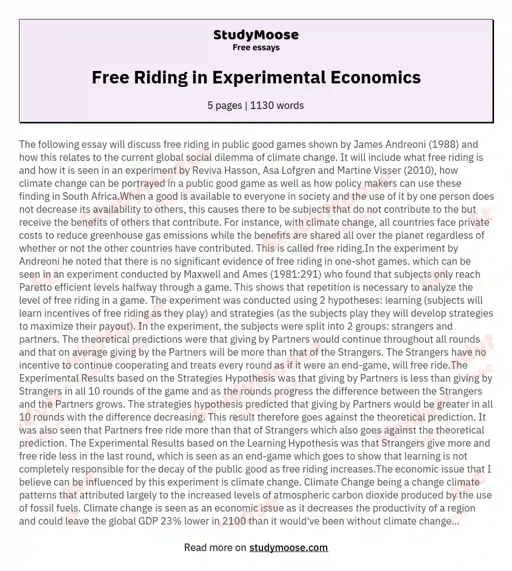 Free Riding in Experimental Economics essay