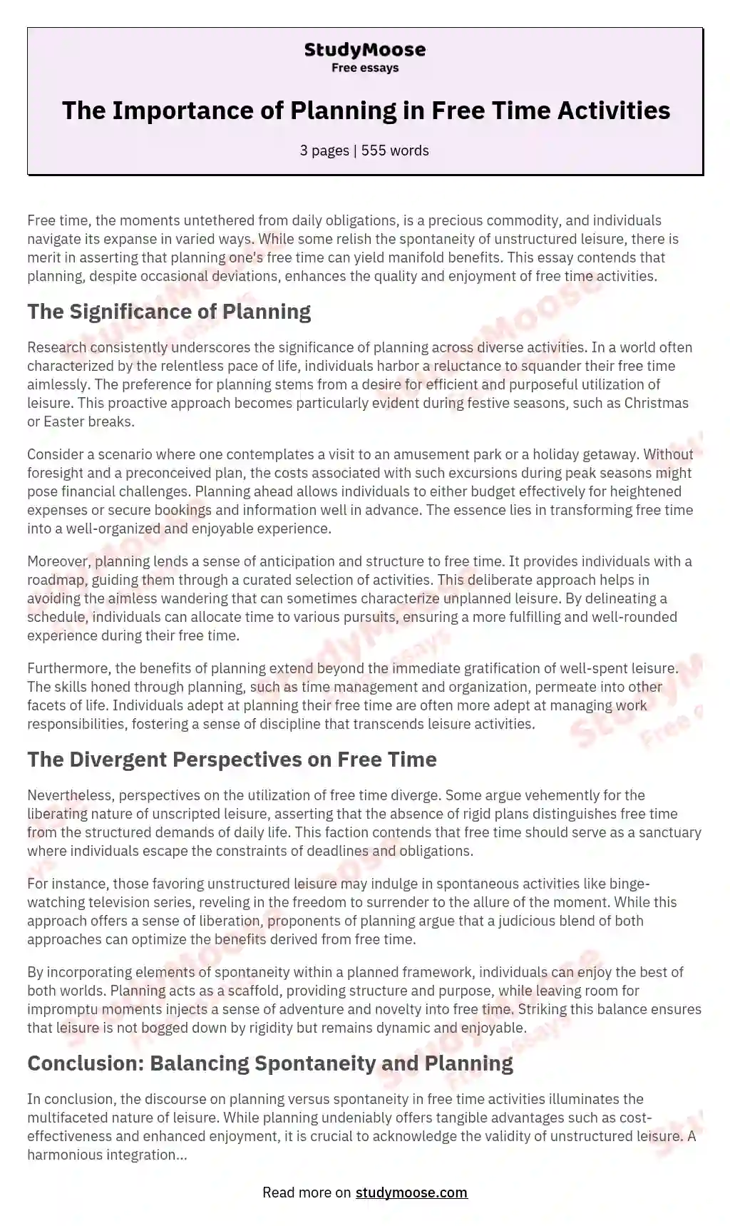 The Importance of Planning in Free Time Activities essay