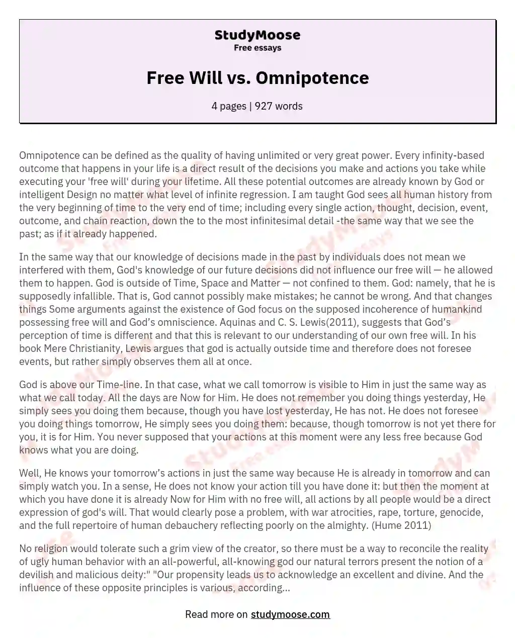 Free Will vs. Omnipotence essay