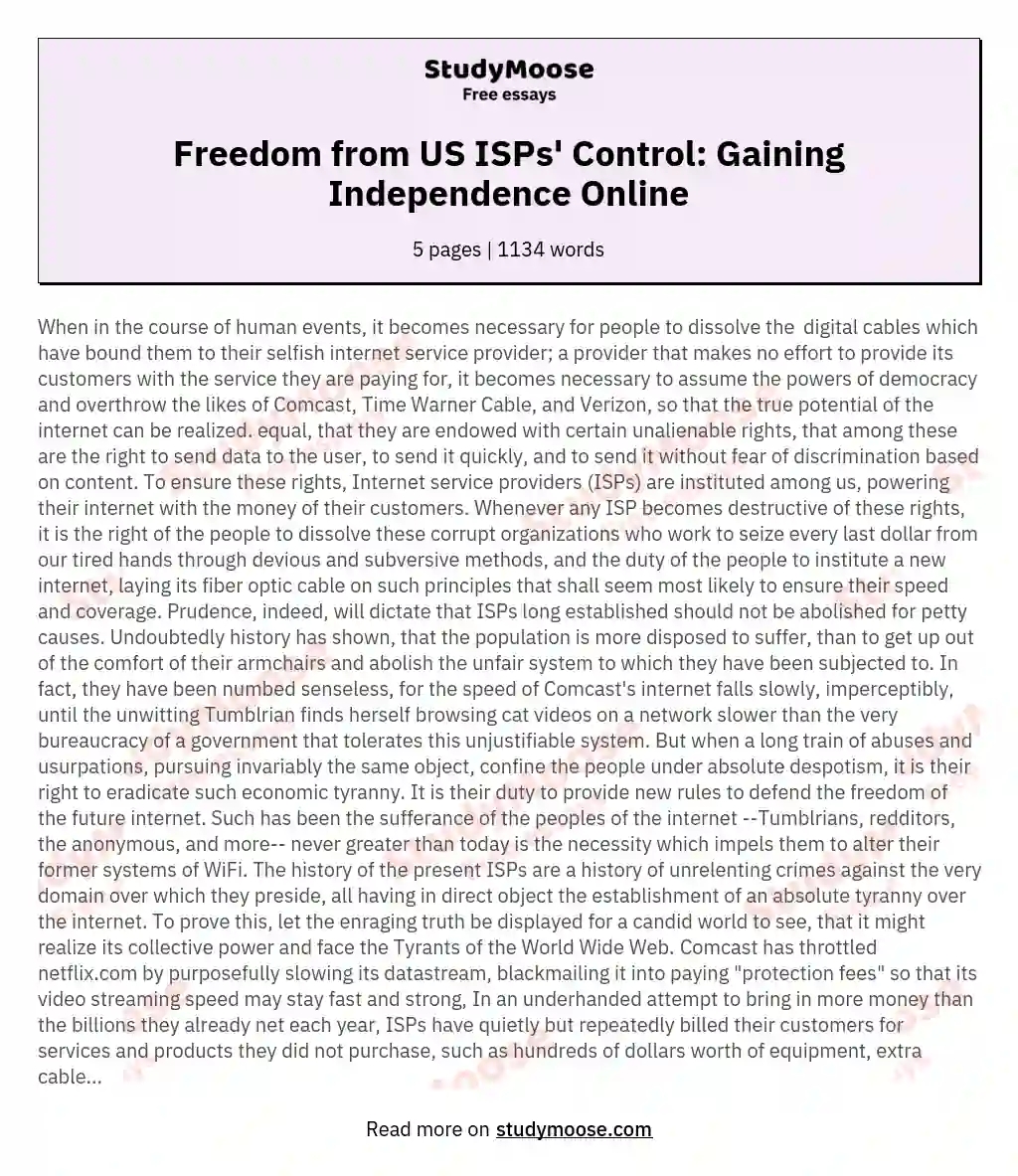 Freedom from US ISPs' Control: Gaining Independence Online essay