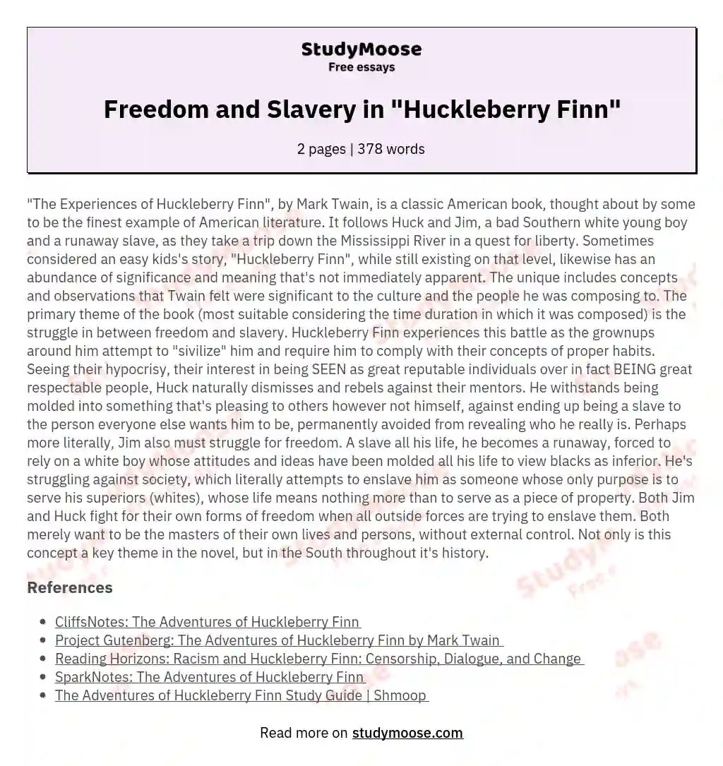 Freedom and Slavery in "Huckleberry Finn" essay
