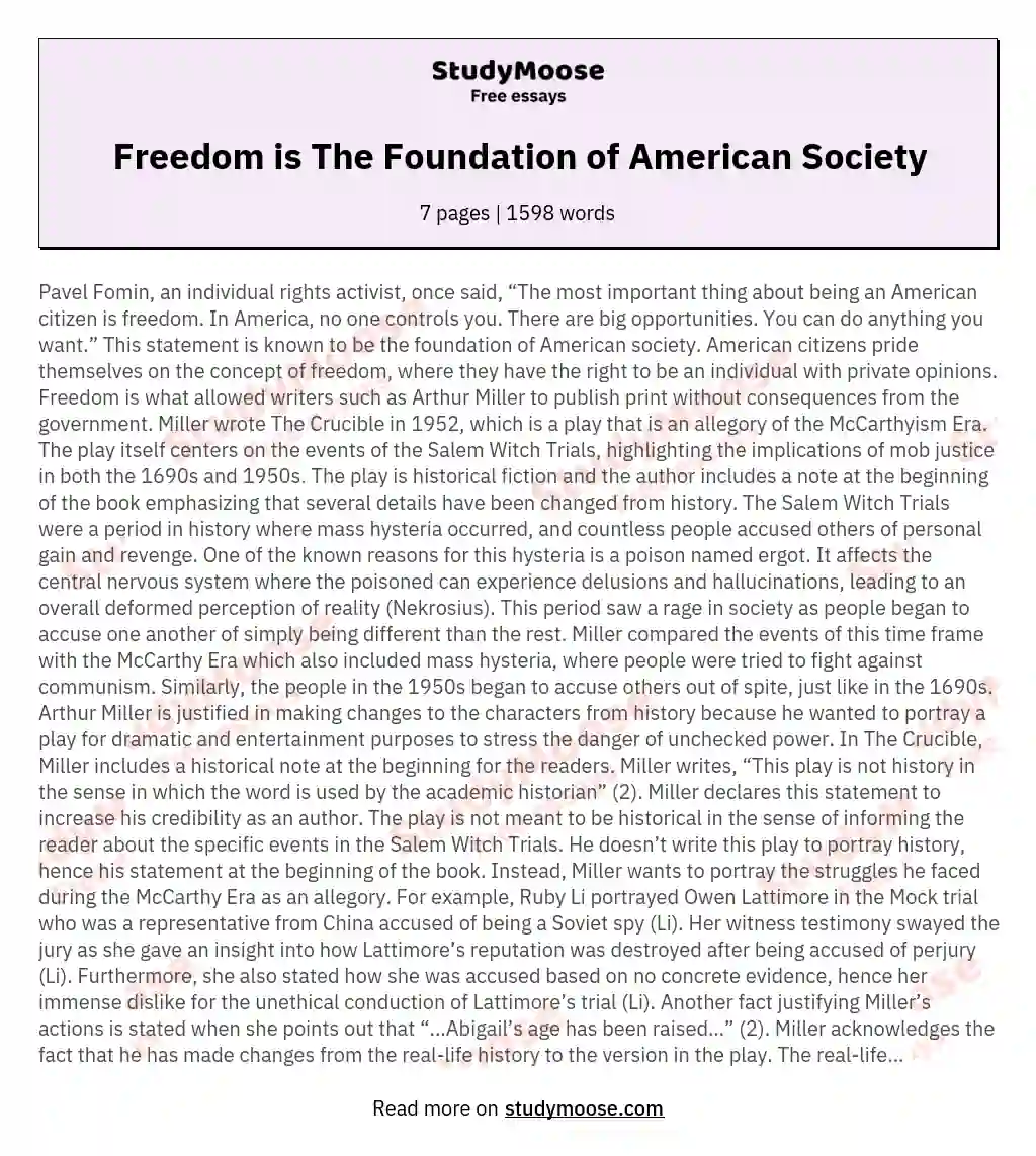 Freedom is The Foundation of American Society essay