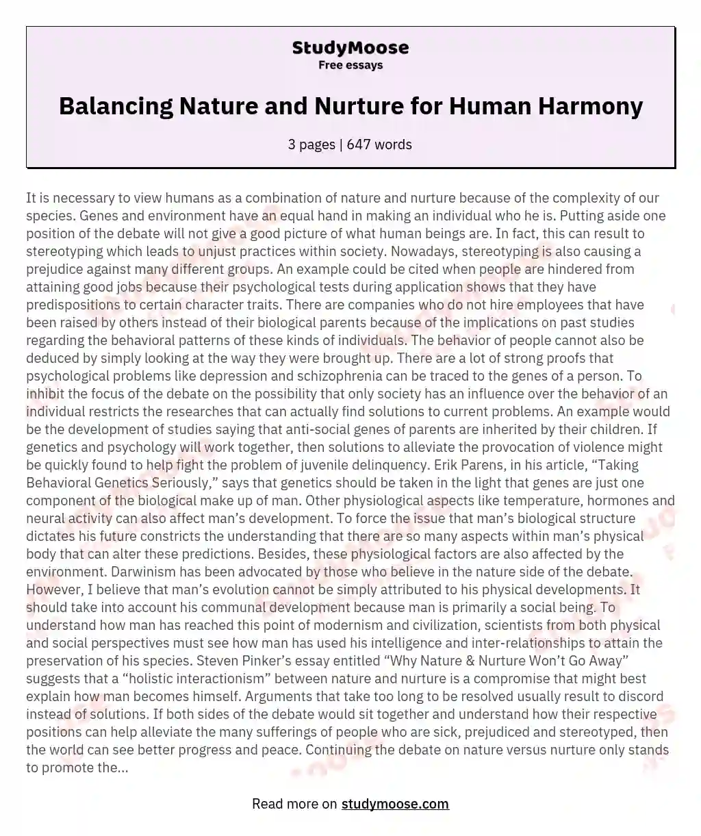 Balancing Nature and Nurture for Human Harmony essay