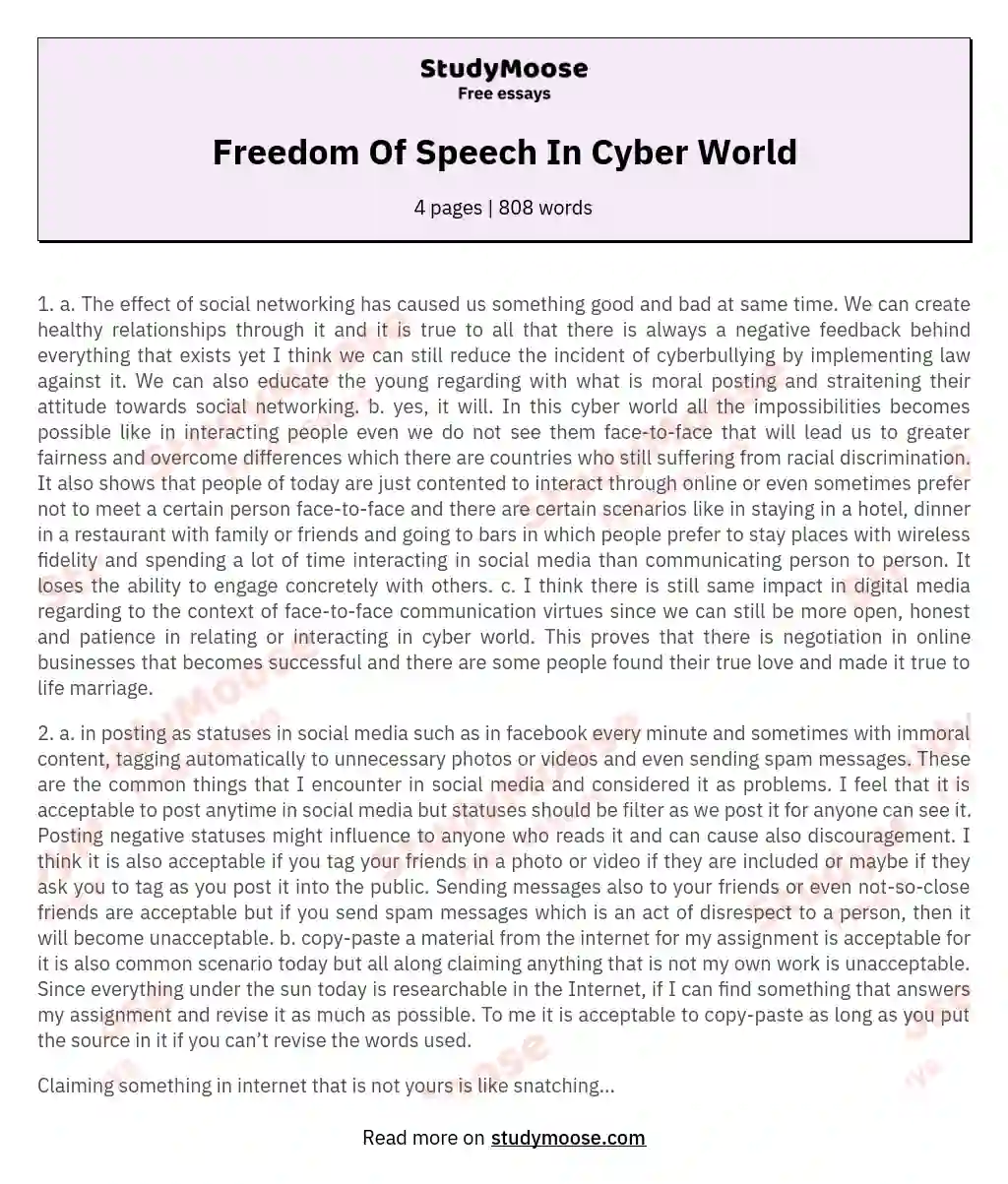 Freedom Of Speech In Cyber World essay