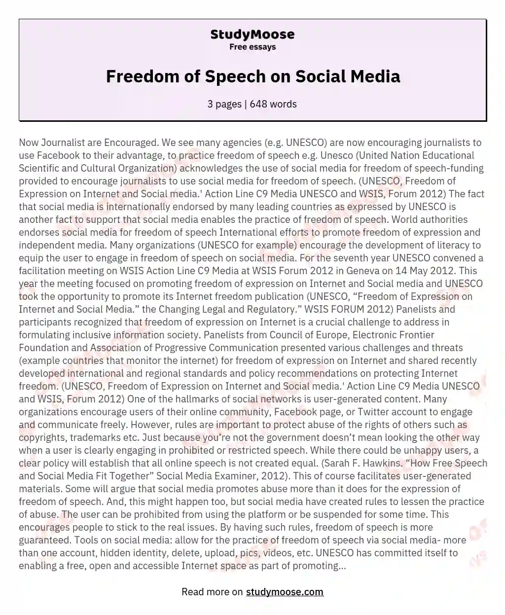 Freedom of Speech on Social Media essay