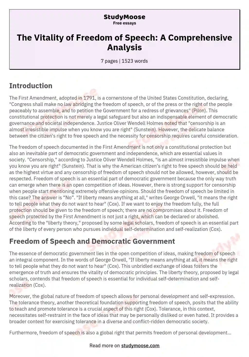 The Vitality of Freedom of Speech: A Comprehensive Analysis essay