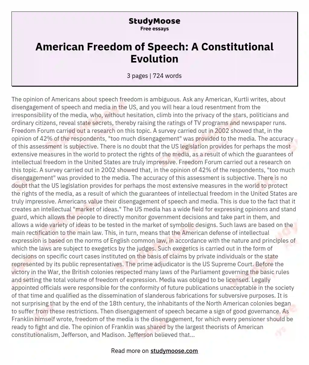 American Freedom of Speech: A Constitutional Evolution essay