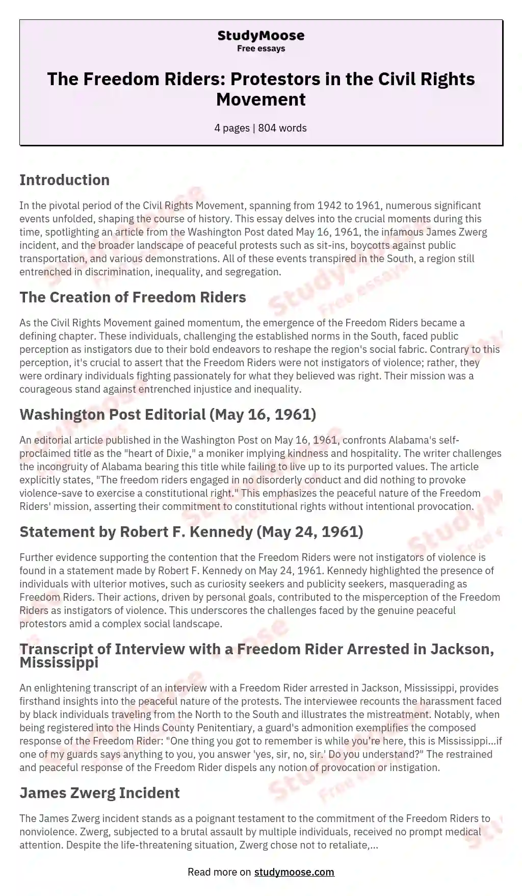 The Freedom Riders: Protestors in the Civil Rights Movement essay