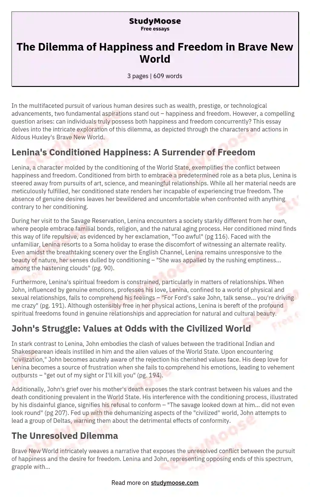 Freedom vs Happiness in Brave New World