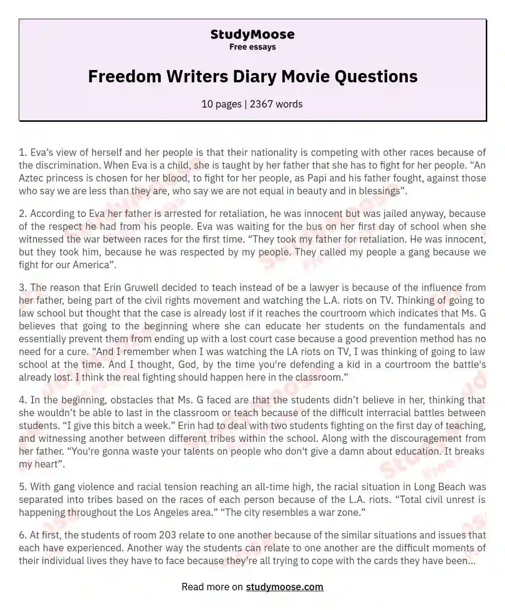 Freedom Writers Diary Movie Questions essay