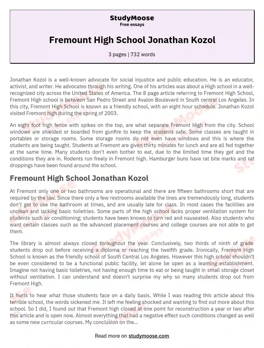 Fremount High School Jonathan Kozol essay