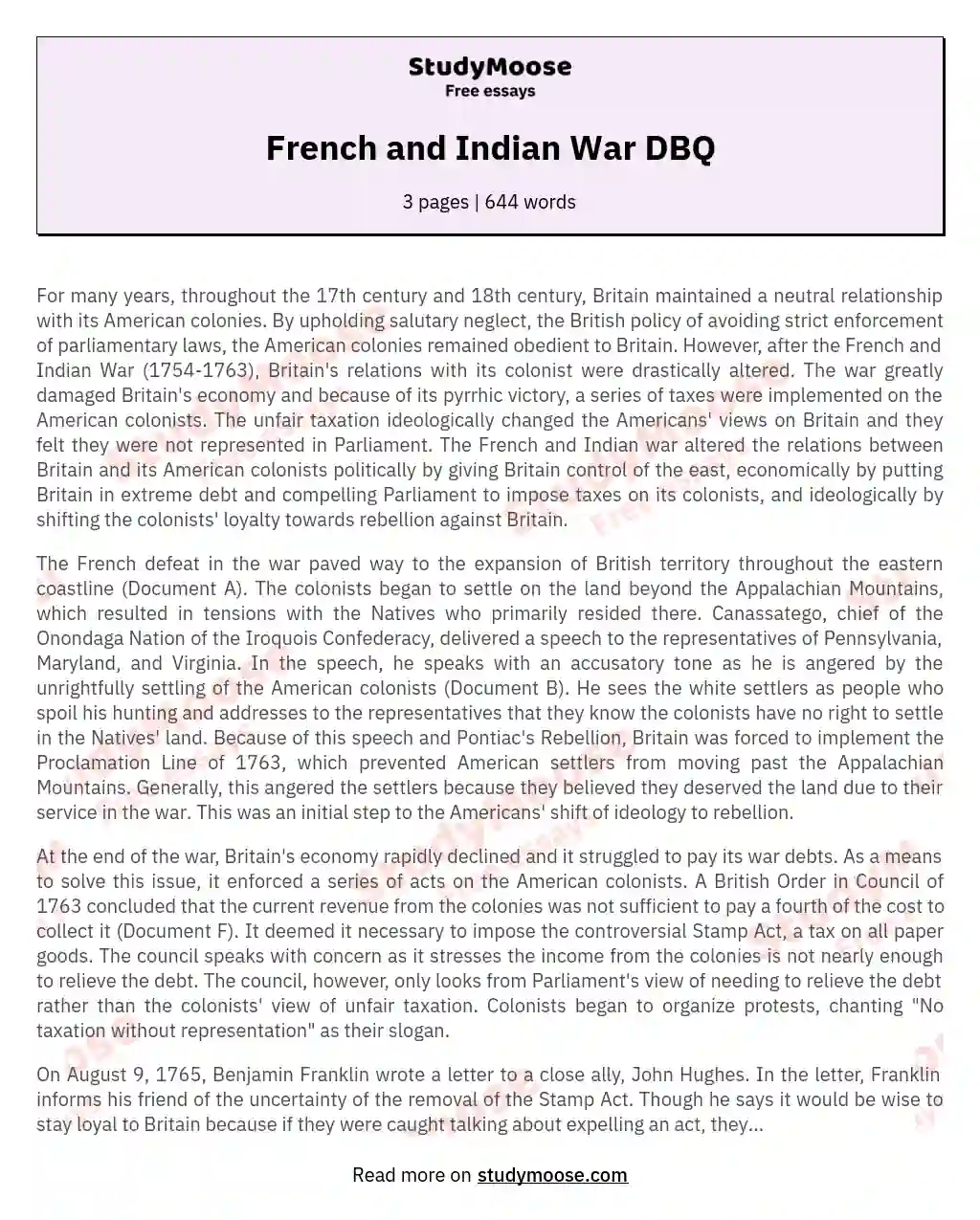 French and Indian War DBQ essay