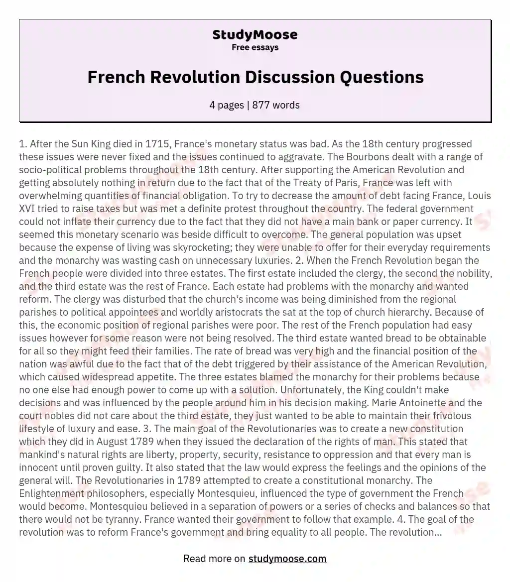 French Revolution Discussion Questions essay