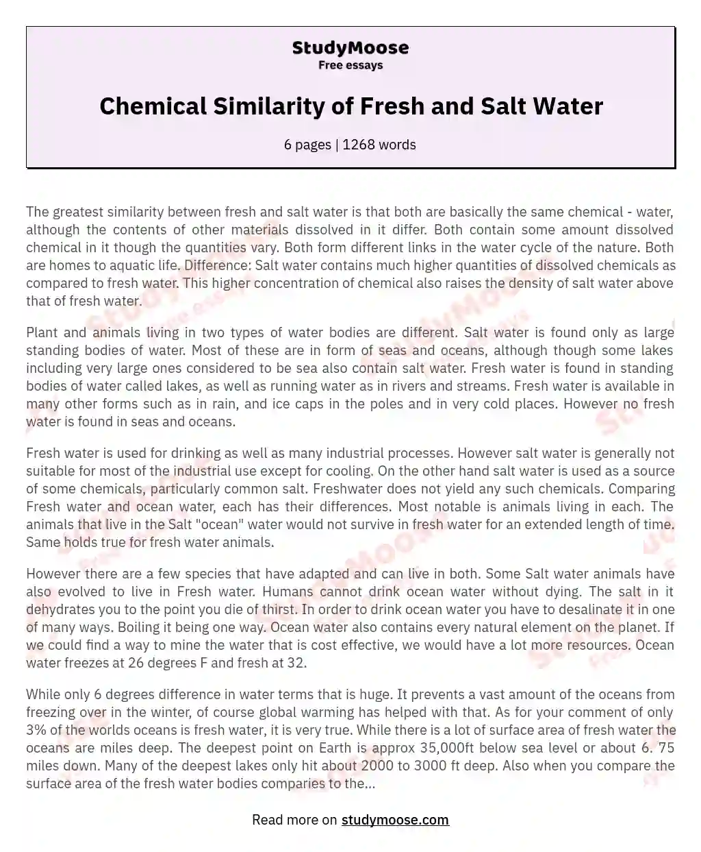 Chemical Similarity of Fresh and Salt Water essay