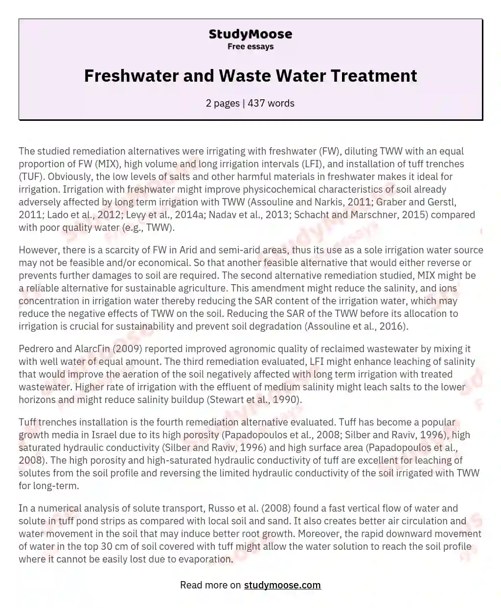 Freshwater and Waste Water Treatment