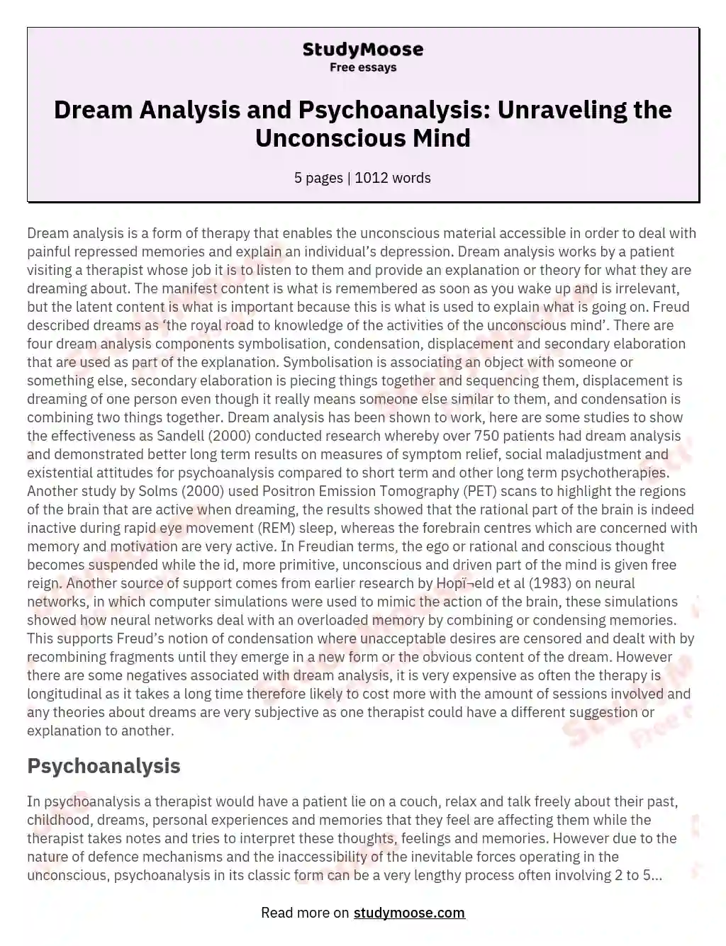 Dream Analysis and Psychoanalysis: Unraveling the Unconscious Mind essay