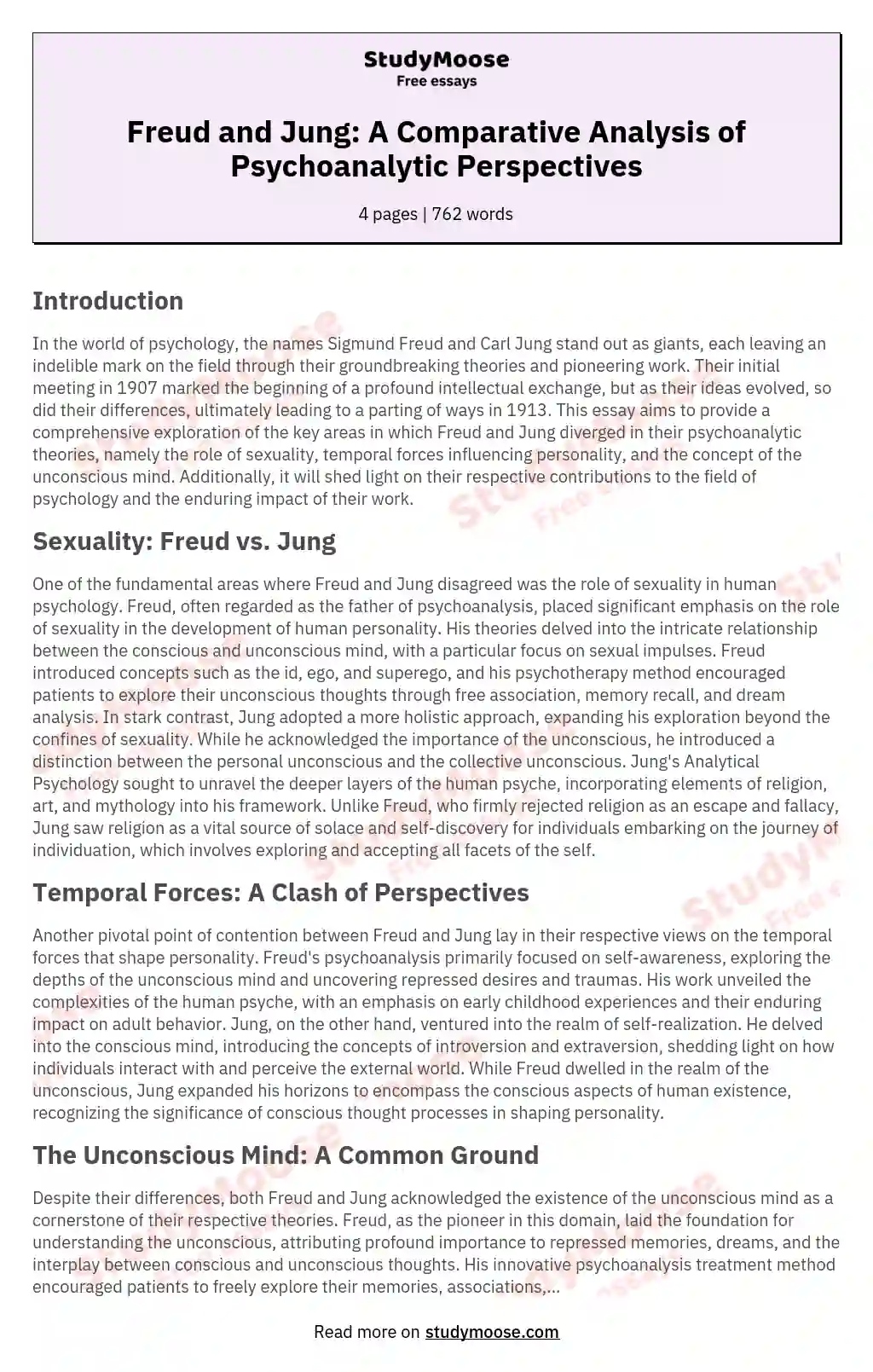 Freud and Jung: A Comparative Analysis of Psychoanalytic Perspectives essay