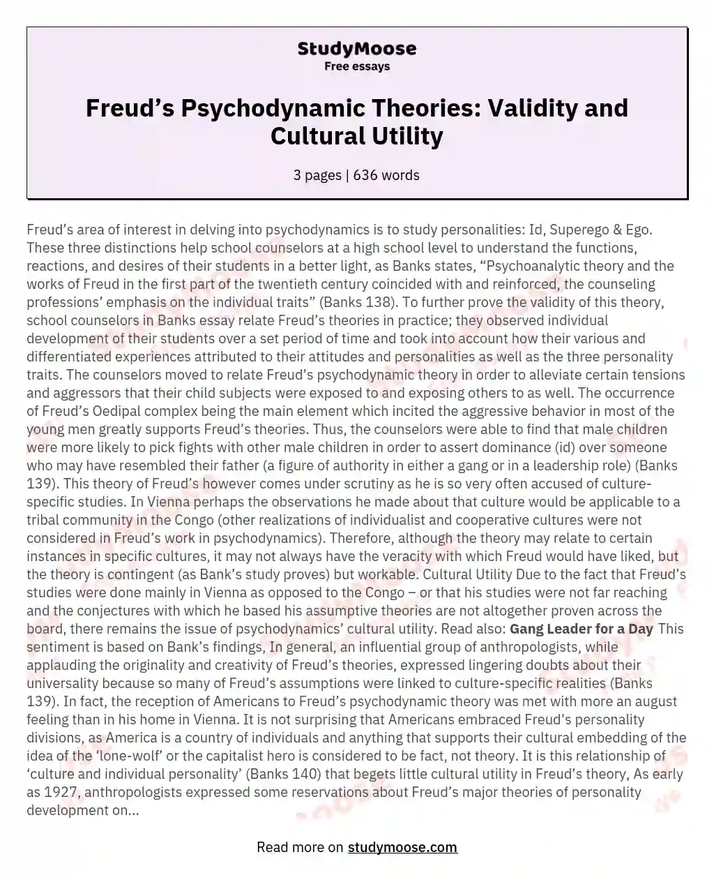 Freud’s Psychodynamic Theories: Validity and Cultural Utility essay