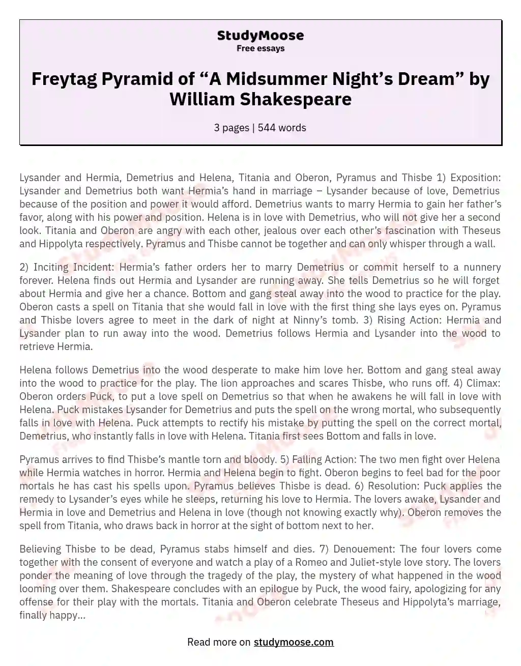 Freytag Pyramid of “A Midsummer Night’s Dream” by William Shakespeare