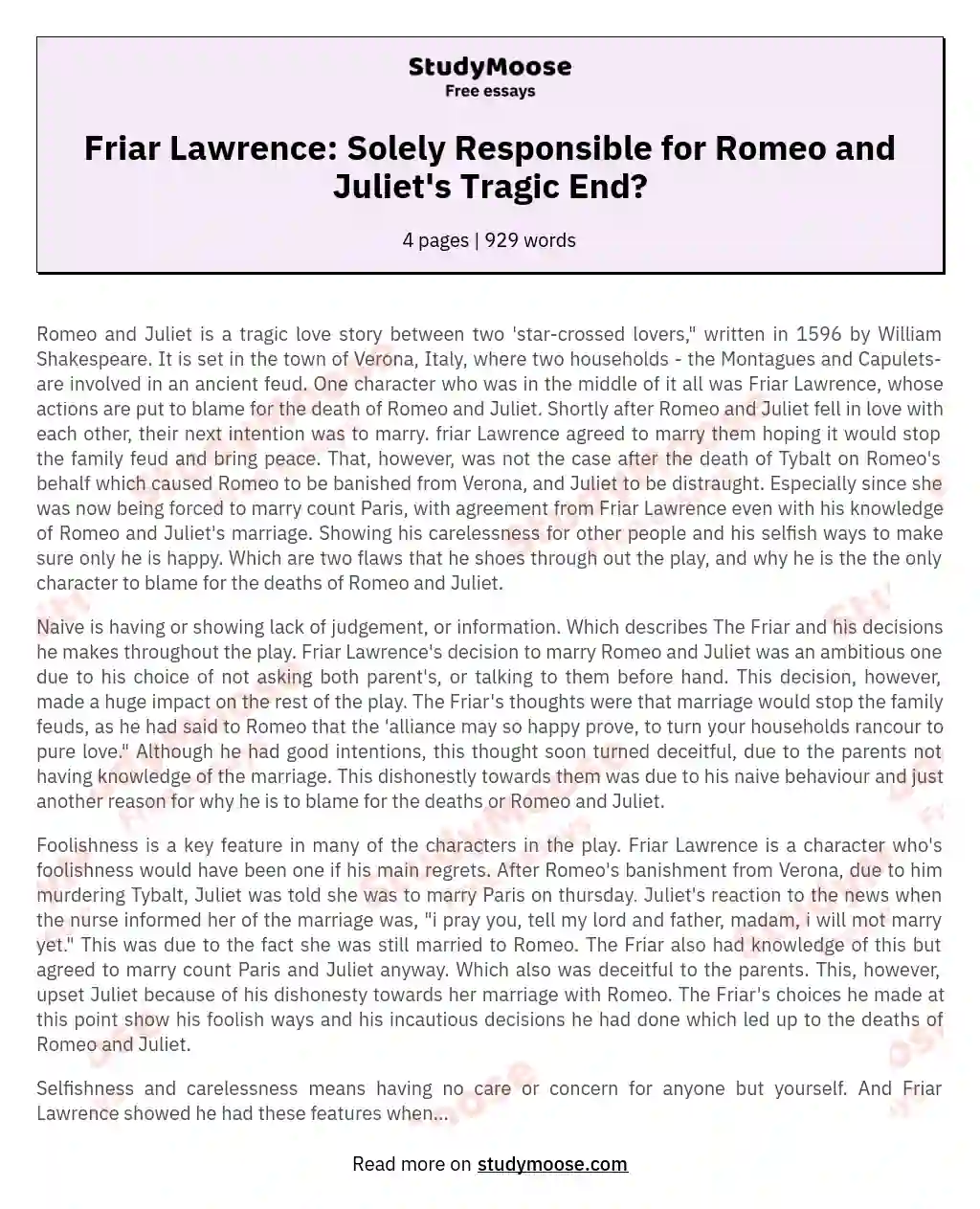 Friar Lawrence: Solely Responsible for Romeo and Juliet's Tragic End?