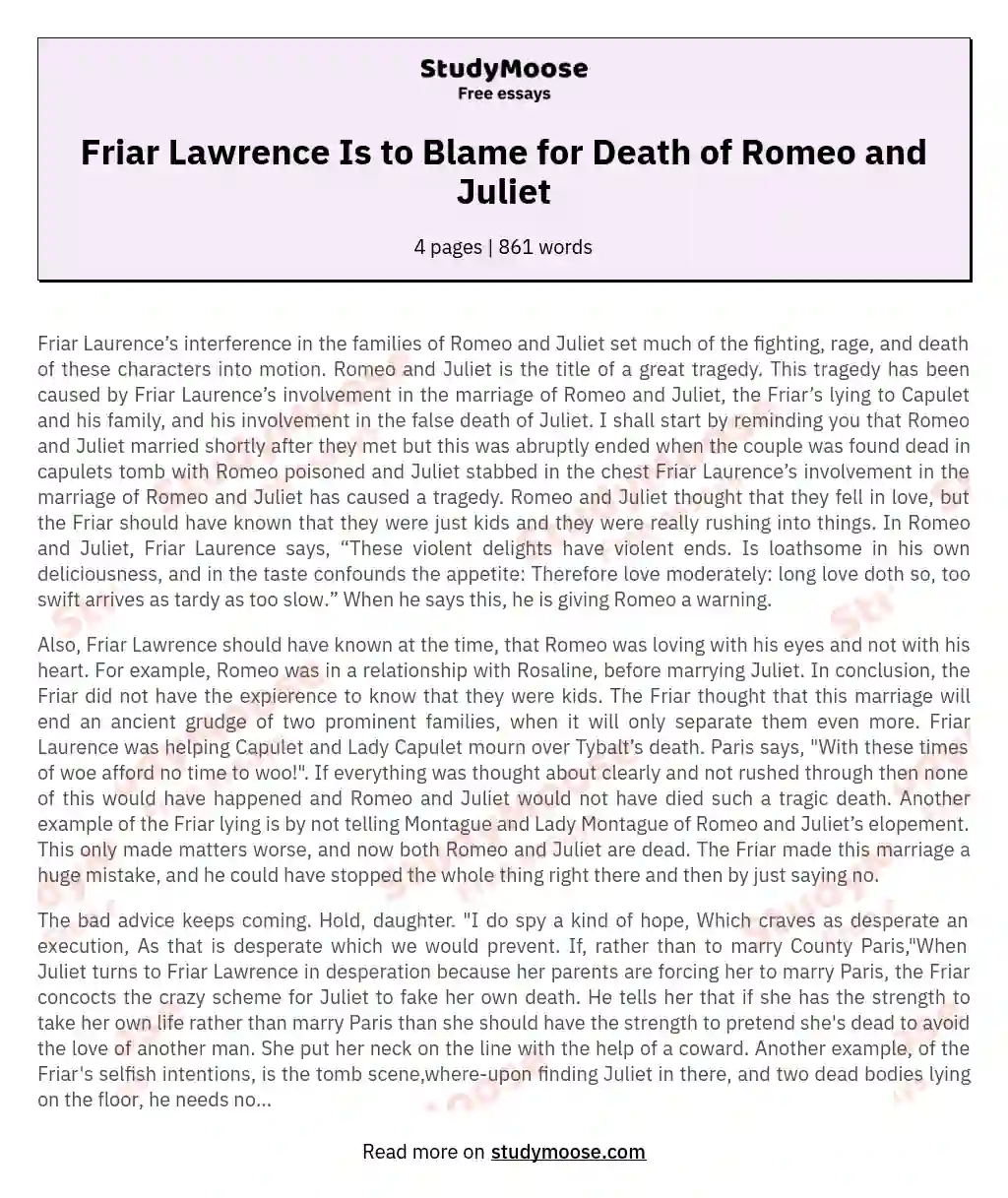 Friar Lawrence Is to Blame for Death of Romeo and Juliet essay