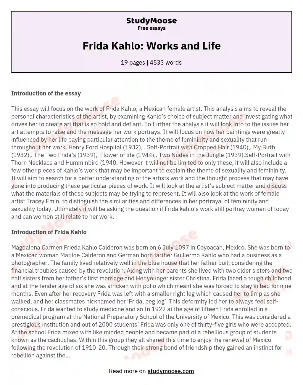 Frida Kahlo: Works and Life essay