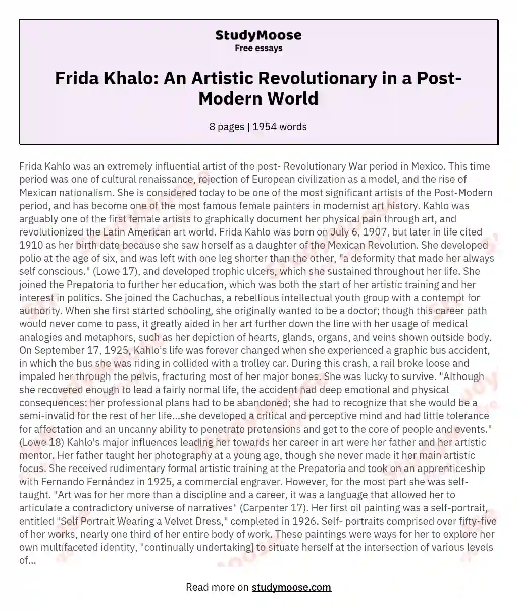 Frida Khalo: An Artistic Revolutionary in a Post-Modern World essay