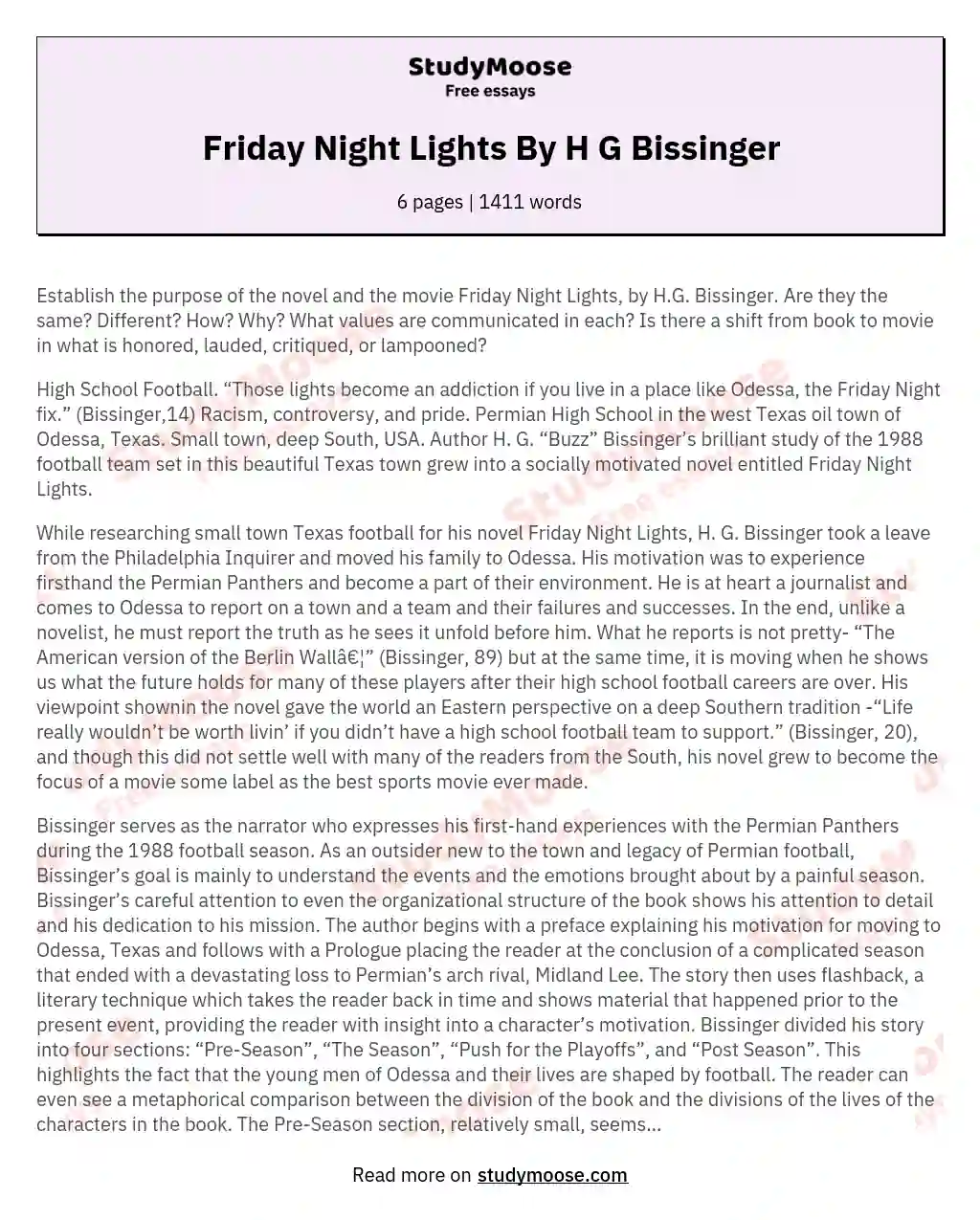 Friday Night Lights By H G Bissinger essay