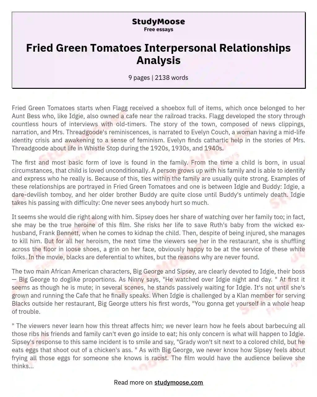 fried green tomatoes character analysis essay