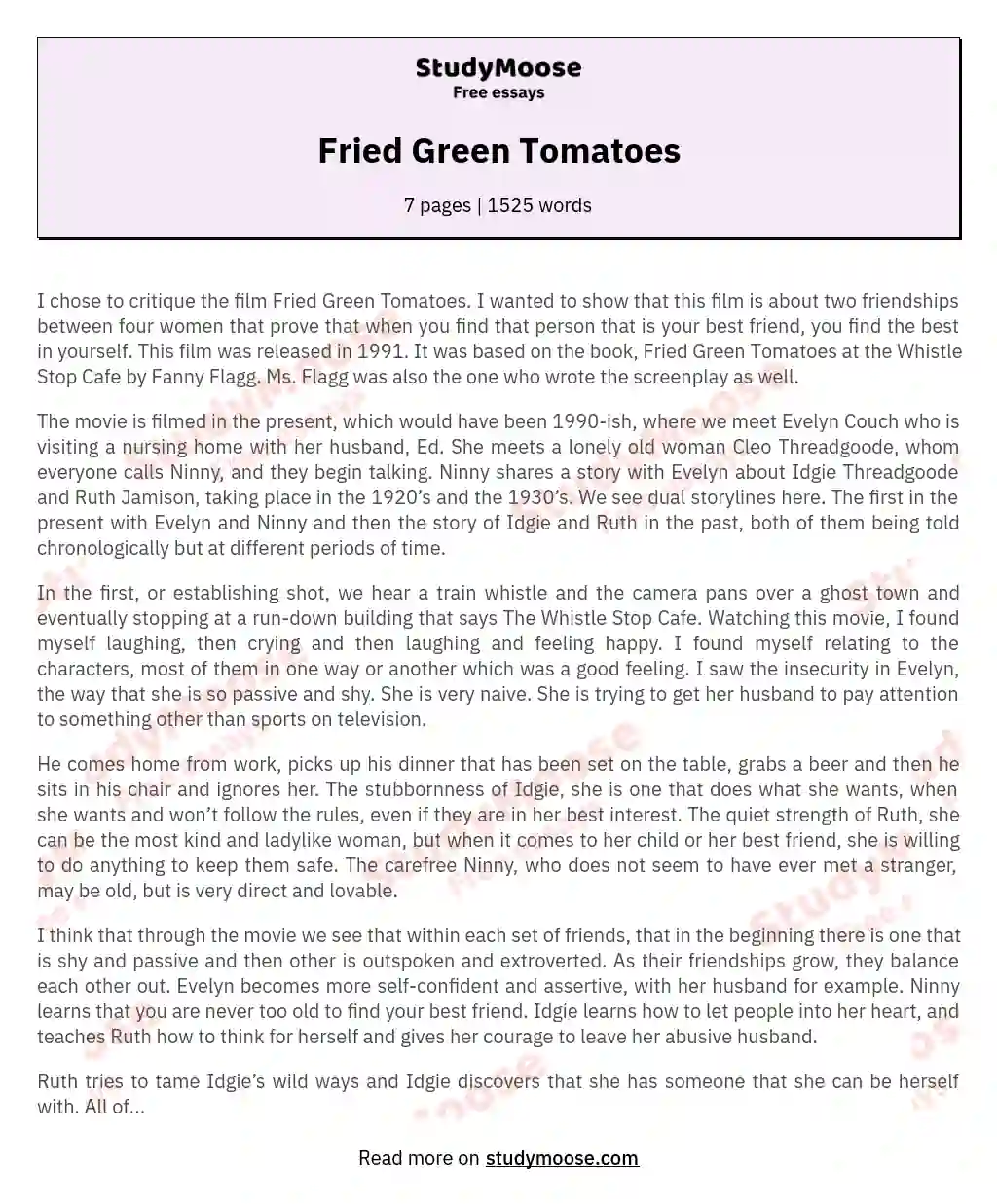 Fried Green Tomatoes essay