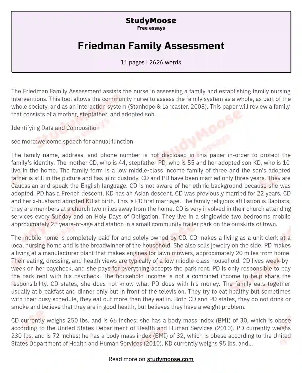 Friedman Family Assessment essay