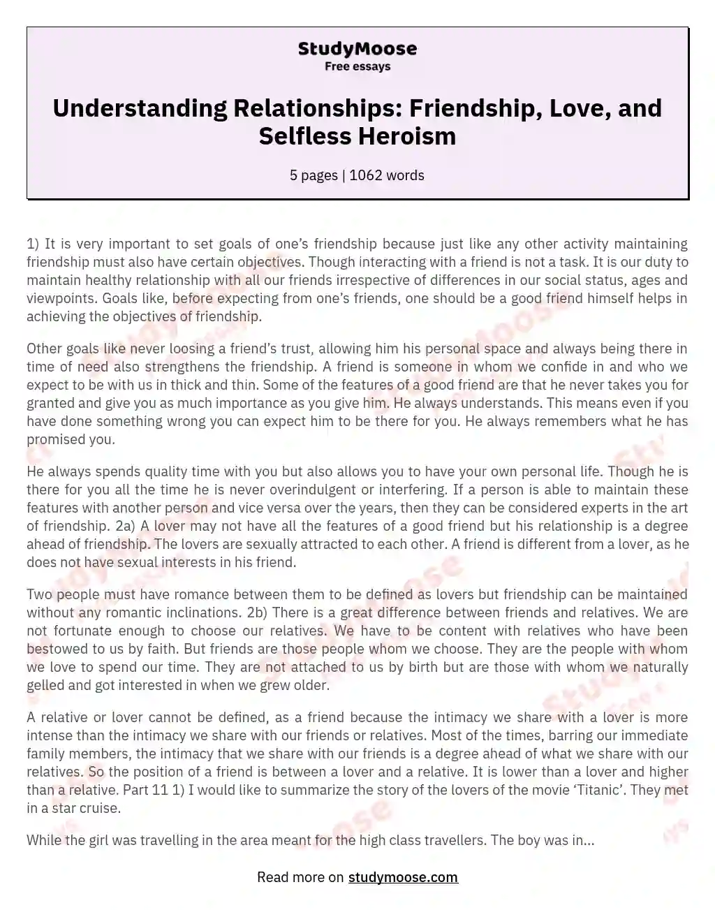 Understanding Relationships: Friendship, Love, and Selfless Heroism essay