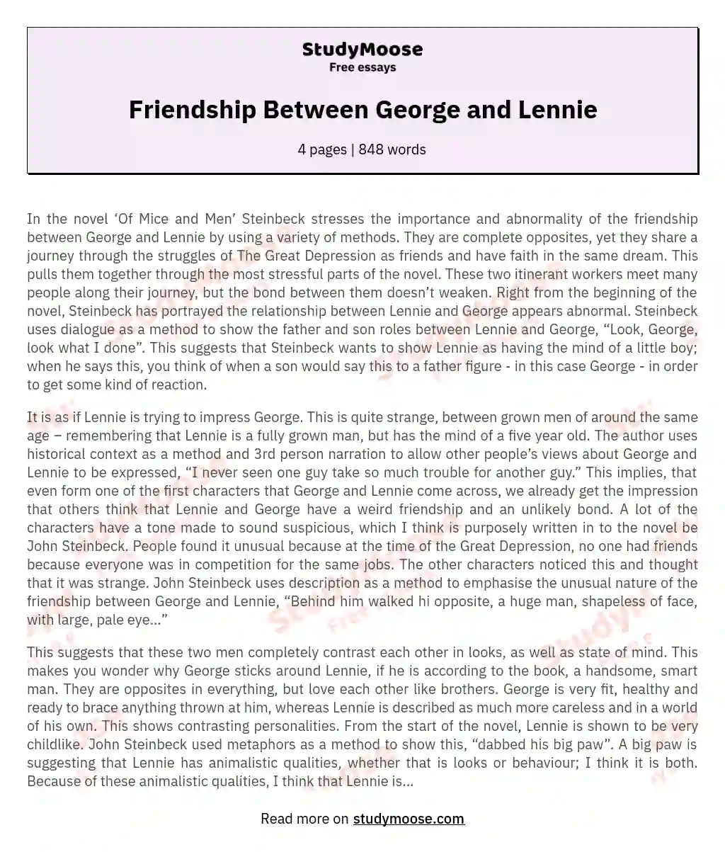 George and Lennie's Bond Amid the Great Depression essay