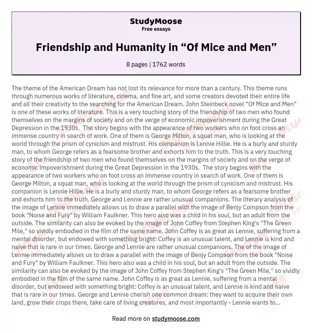 Friendship and Humanity in “Of Mice and Men” essay