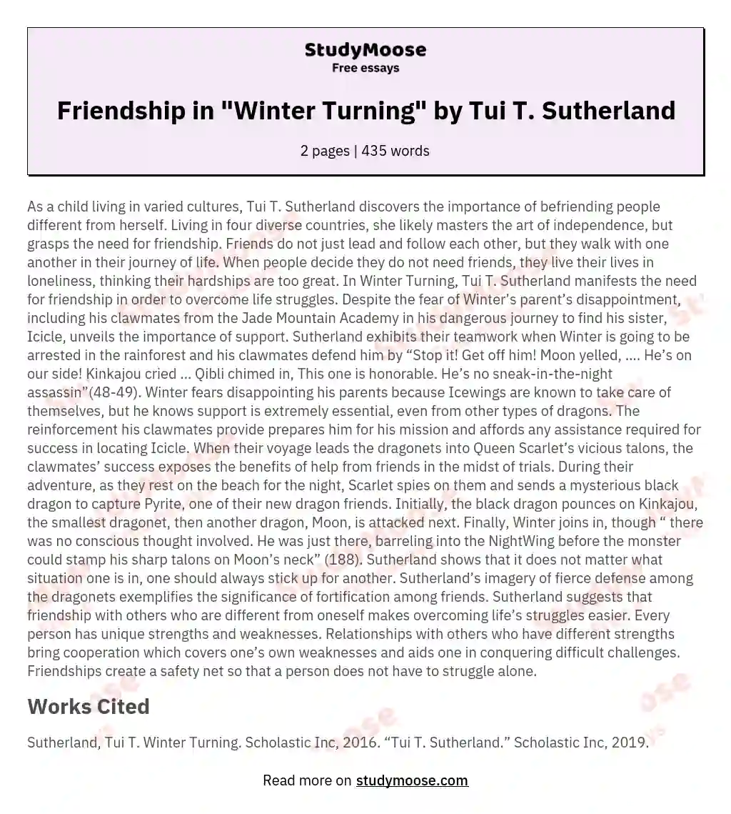 Friendship in "Winter Turning" by Tui T. Sutherland essay