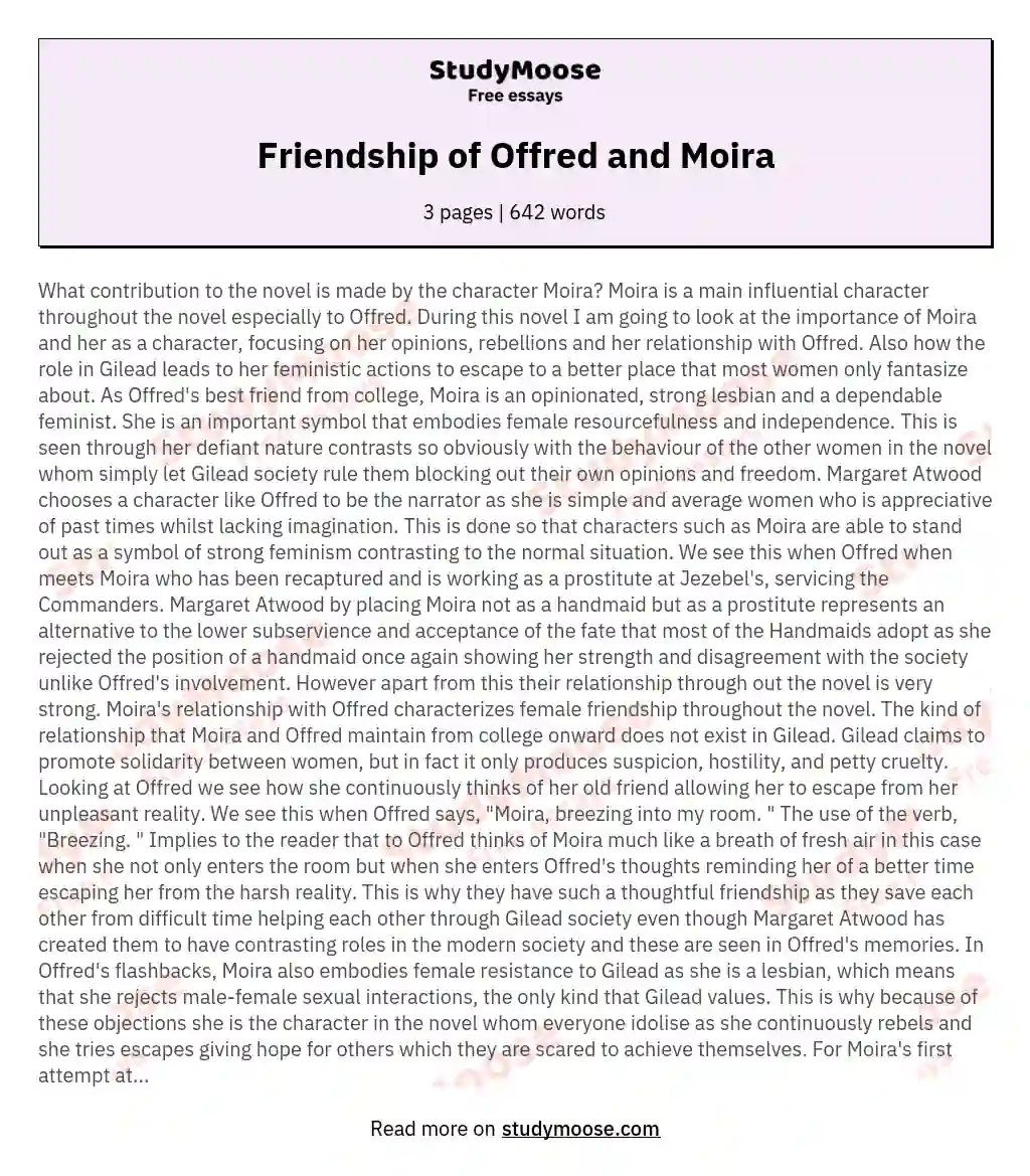 Friendship of Offred and Moira essay