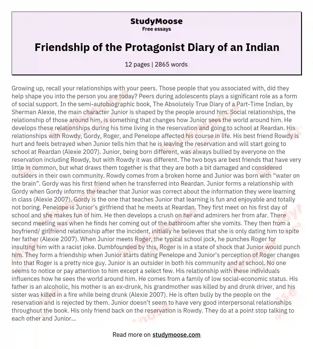 Friendship of the Protagonist Diary of an Indian essay